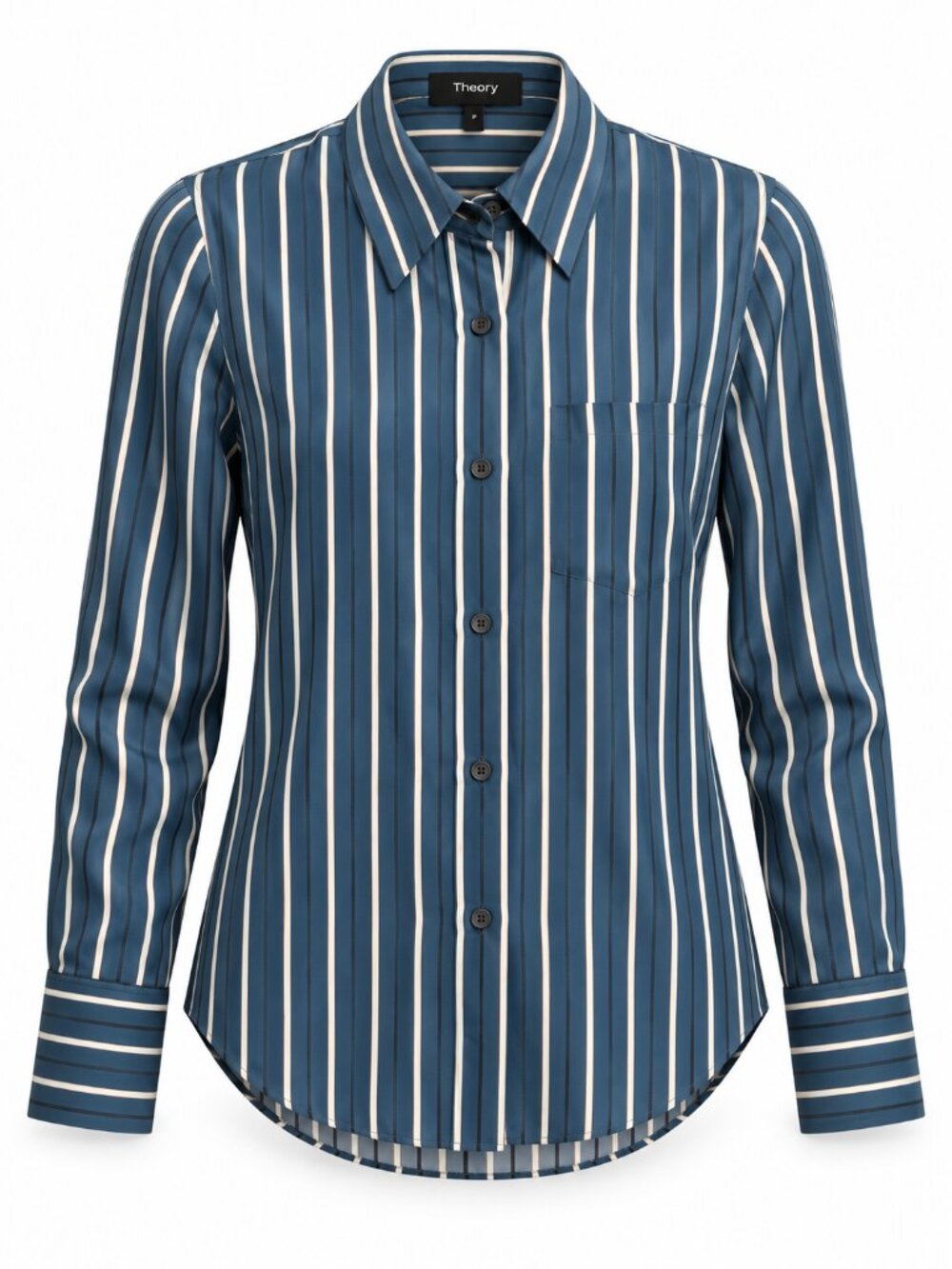Theory Darby Blue Stripe 100% Silk Button-Down Shirt Petite P